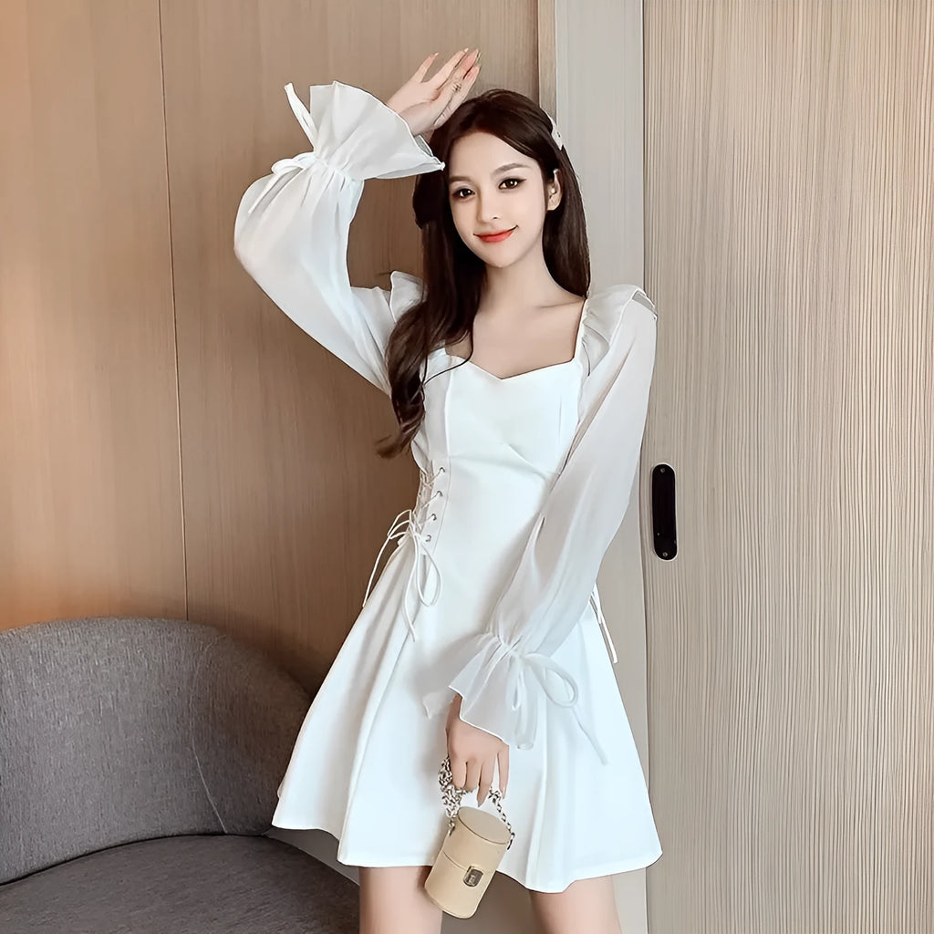 White chiffon patchwork waist-slimming dress with long sleeves and long skirt