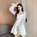 White chiffon patchwork waist-slimming dress with long sleeves and long skirt