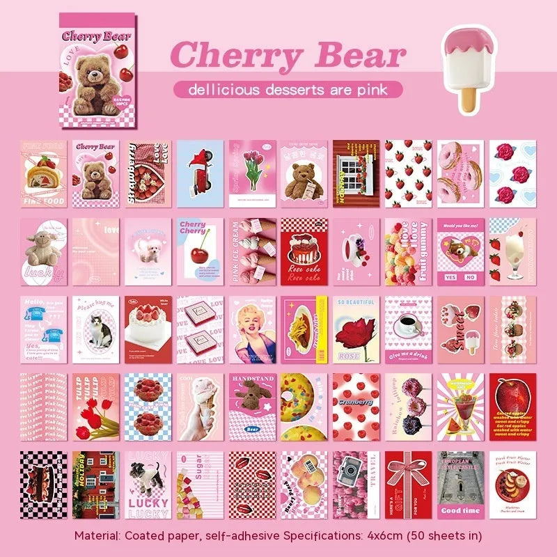 American retro cartoon sticker book open showing 4x6cm sheets in black, pink, blue, green, purple, and yellow colours.