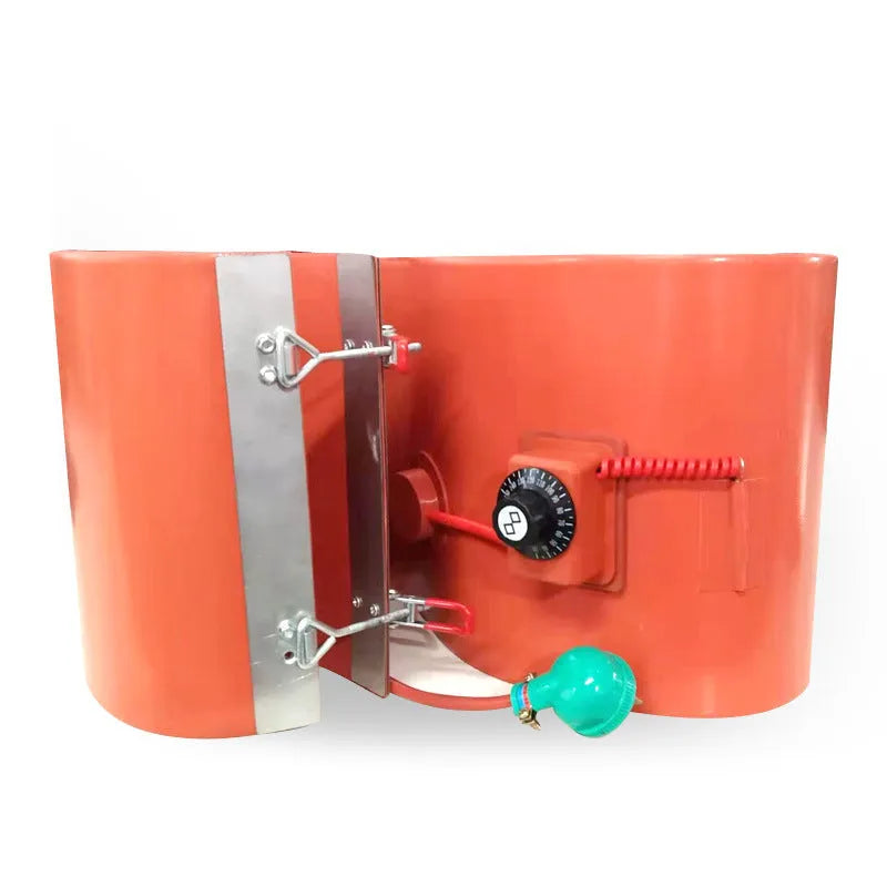 200-litre oil drum with wrapped silicone rubber heating belt and thermostat control
