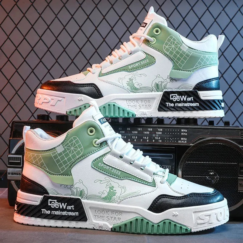 Men's high-top board shoes in beige, white and blue colours with mesh lining and rubber sole