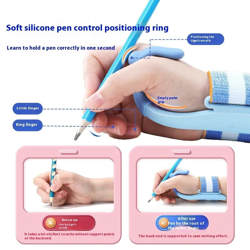 Blue Anti-hook Holder Pen Control Corrector, a wrist brace and pencil grip for children's handwriting.