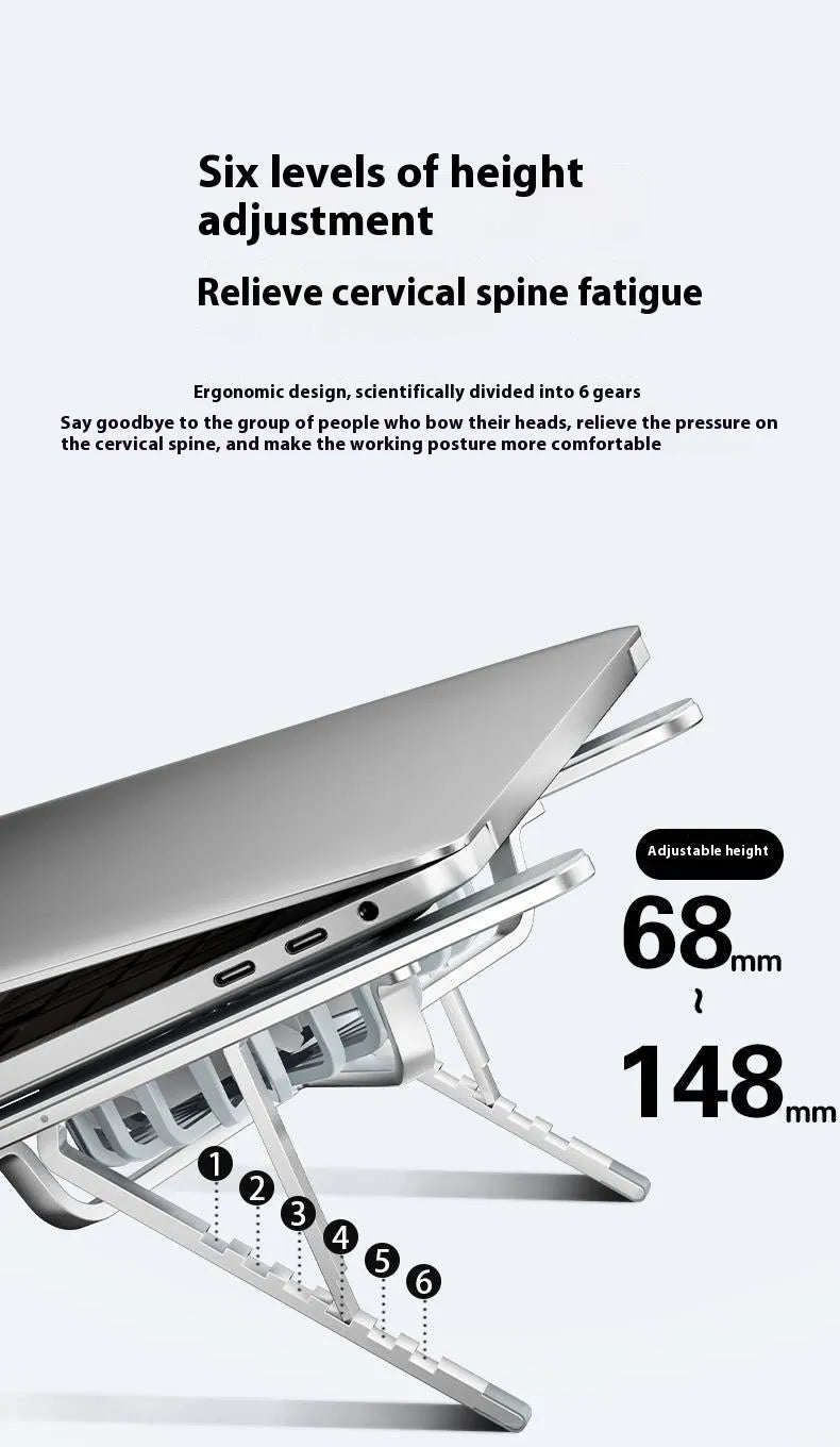 Silver aluminium alloy laptop cooling stand with dual fans in a raised, open position on a desk.