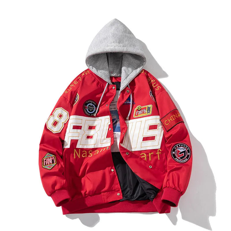Black American motorcycle baseball uniform jacket with side pockets and removable hood