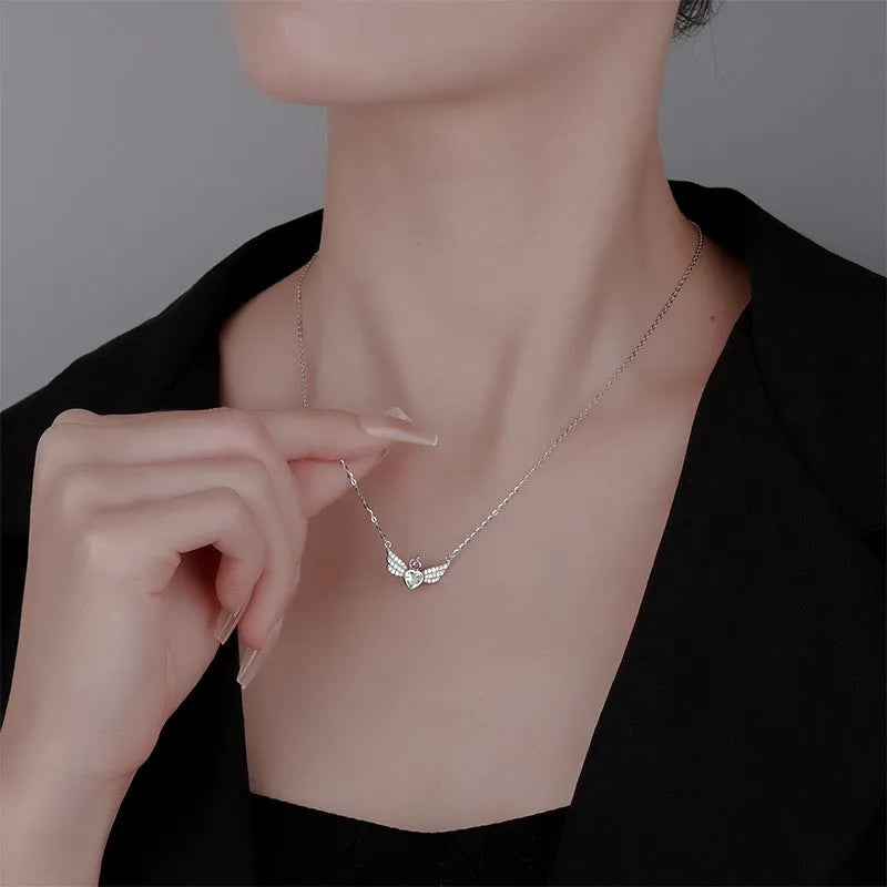 Pure silver crown heart angel wings pendant necklace with white stone and O-shaped chain