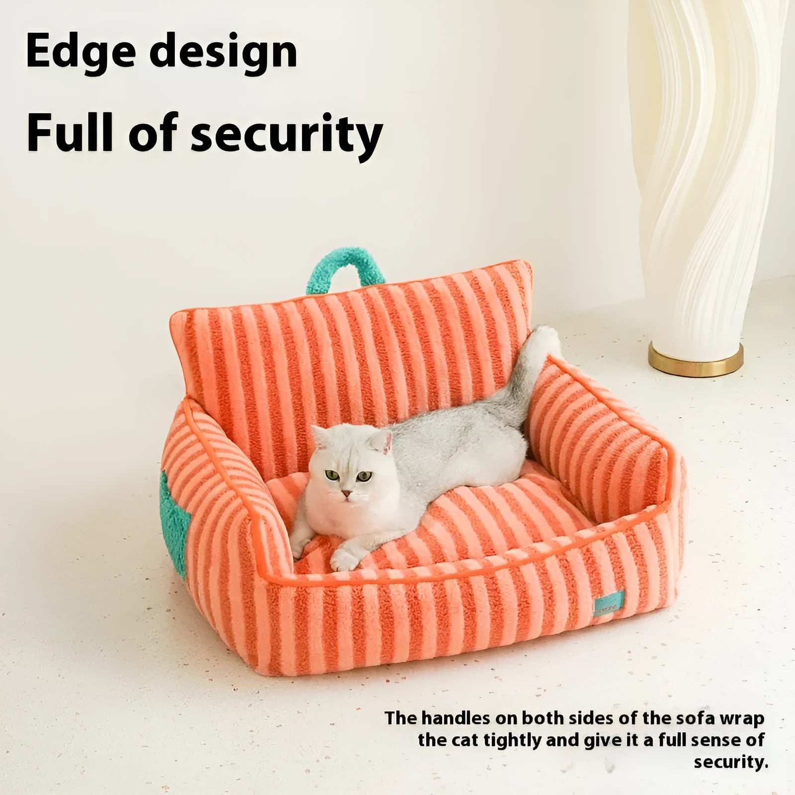 Striped soft velvet dog bed shown in orange, with removable washable design