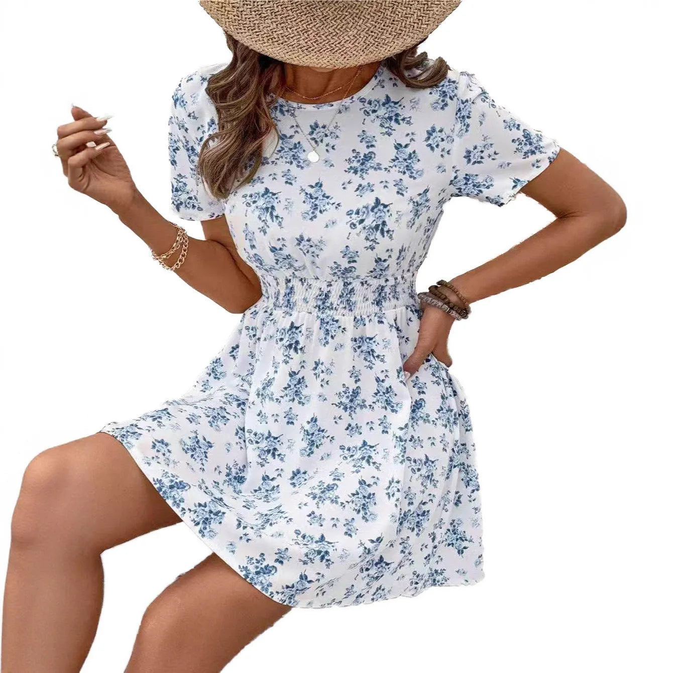 Light blue high waist A-line midi dress with regular sleeves in Japanese Korean casual style