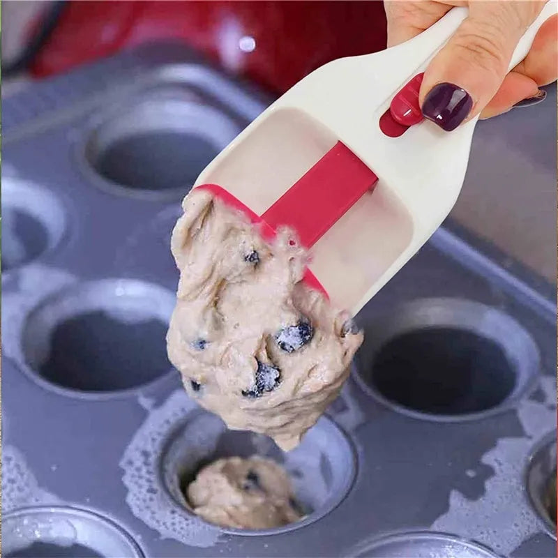 Photo colour cake batter scoop with push lever, 19.5cm ABS TPE construction, standing on leg rests