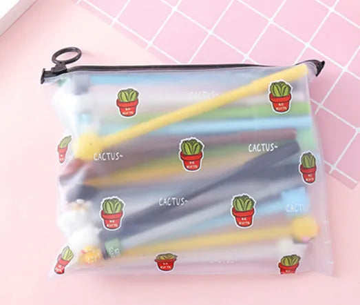 Marvel series cartoon pen set with 20 black 0.5mm pens and plastic storage case featuring cactus designs
