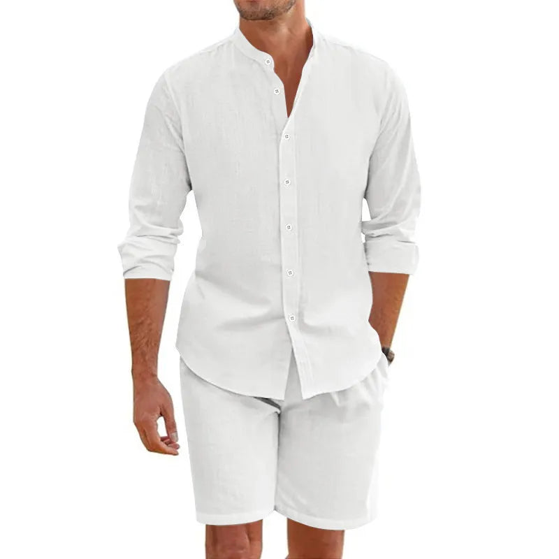 Men's summer short sleeve shirt and drawstring shorts suit in hemp blend fabric