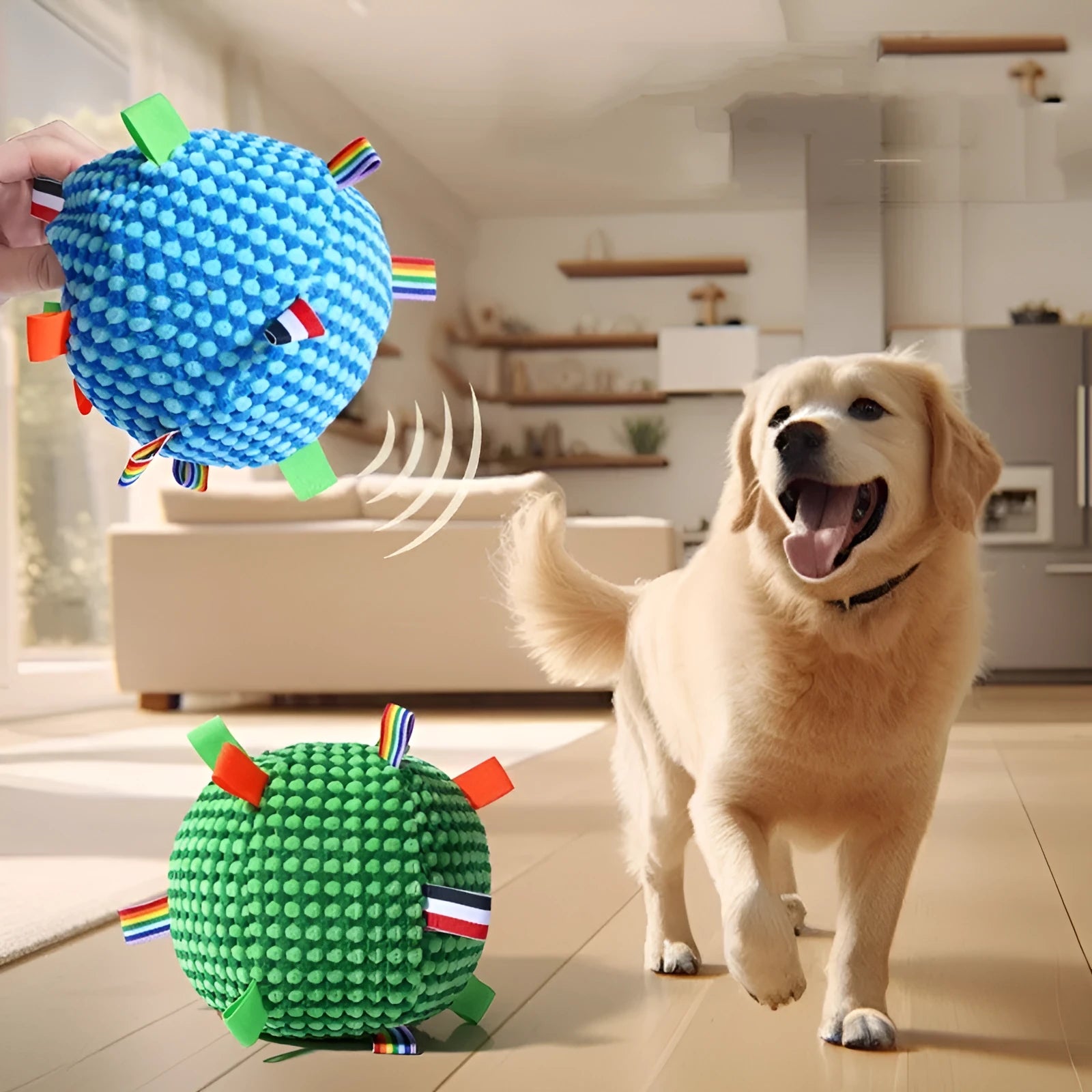 Blue and green vocal ball ring dog toy with rolling molar teeth pattern, 17cm diameter