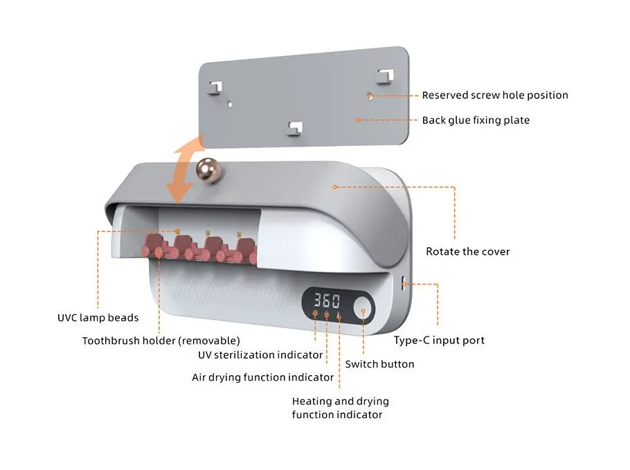 White wall-mounted smart toothbrush sterilizer with UV disinfection and USB charging port