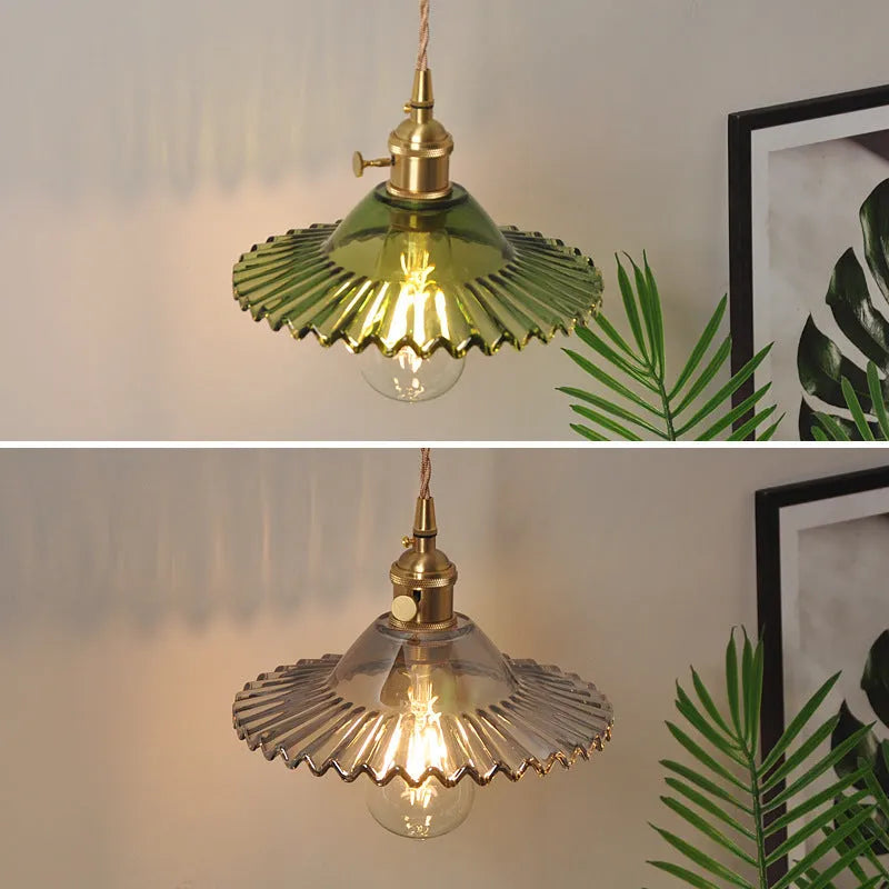 Retro brass wall lamp with a glass lotus shade in a choice of six colours on a copper base.