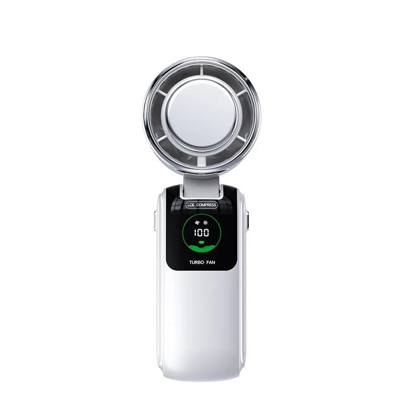 New folding handheld fan with brushless motor and 4000mAh battery in blue colour, showing multiple speed settings