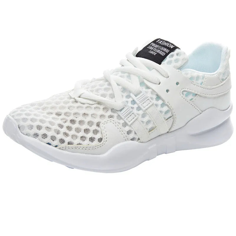 Breathable hollow-out mesh sneakers in black on a white background.