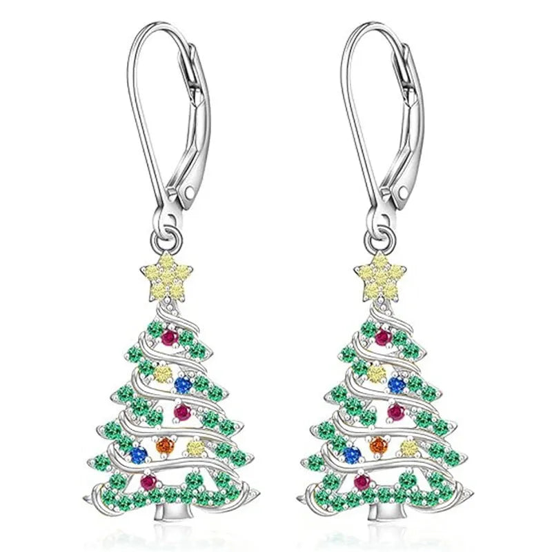Women's Christmas tree earrings with star-shaped design in white gold colour finish