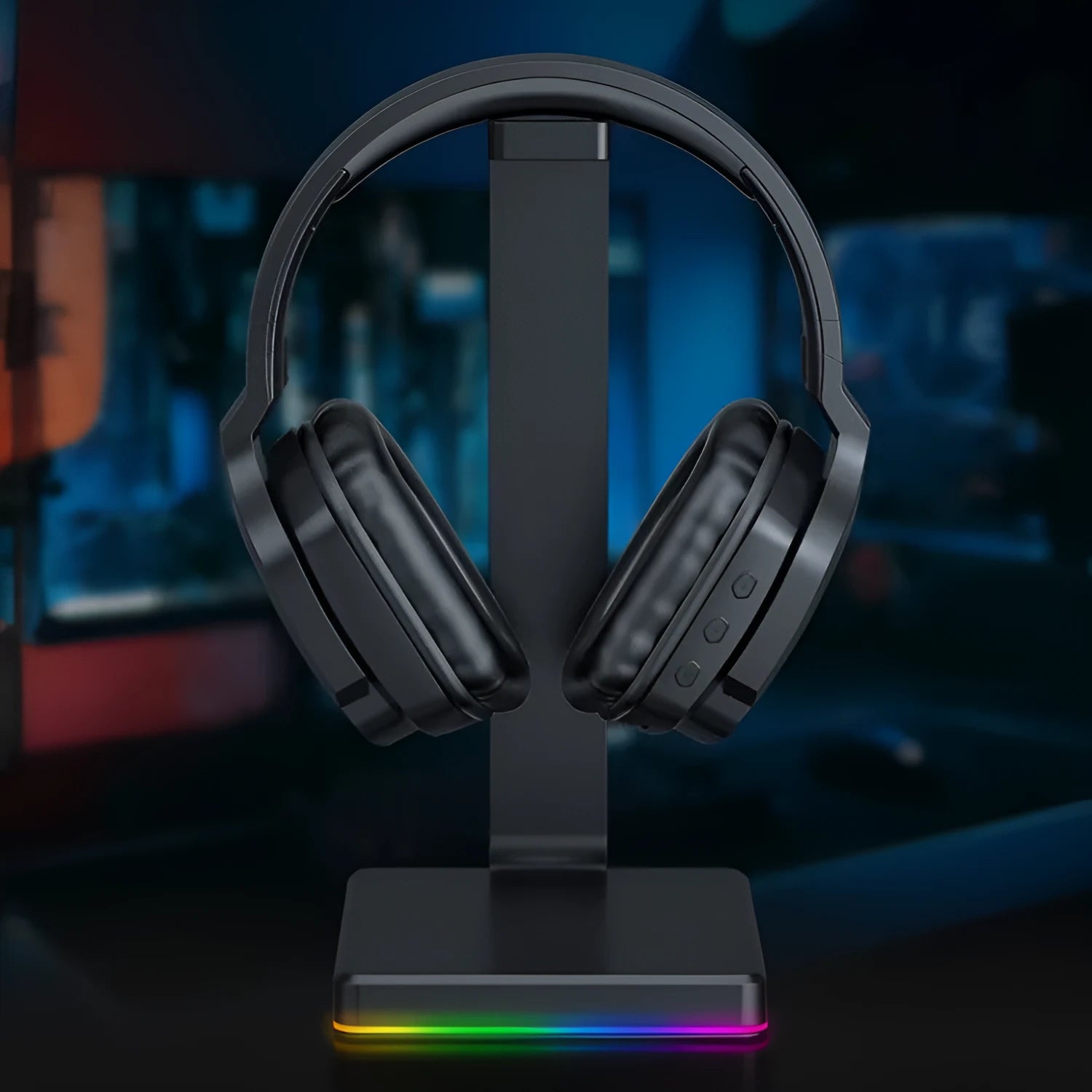 Luminous black wireless headphones with head-mounted design showing ear cushions and adjustable headband