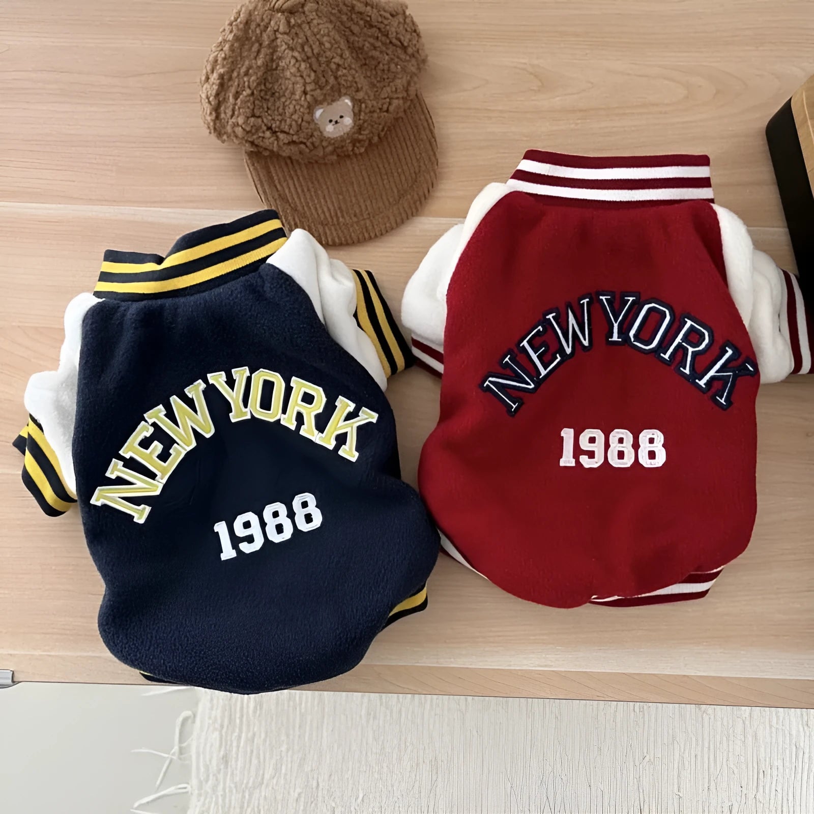 Simple printed autumn pet baseball uniform in dark blue jersey fabric, front view, size options XS to XL for dogs and cats