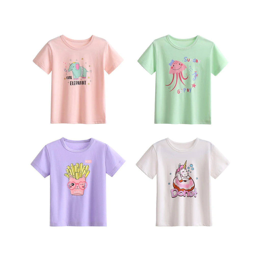 Girls' cotton printed t-shirt with cartoon pattern, short sleeves, available in multiple heights
