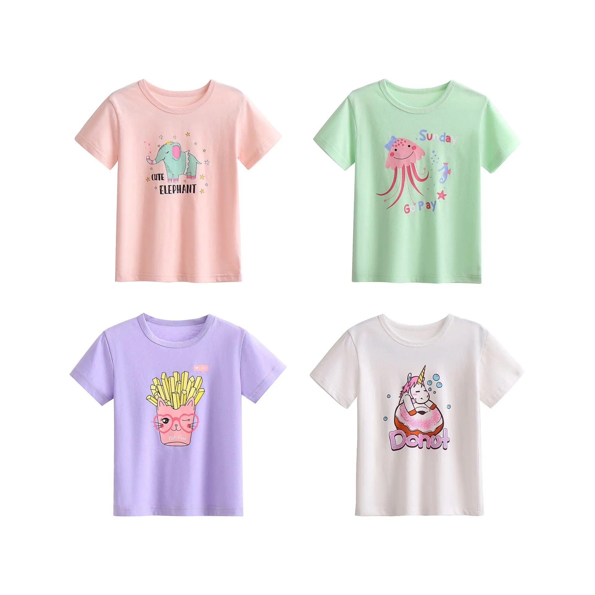 Girls' cotton printed t-shirt with cartoon pattern, short sleeves, available in multiple heights