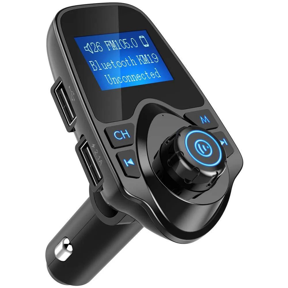 Car FM transmitter with Bluetooth and AUX, 1.3-inch monochrome screen, ABS plastic body