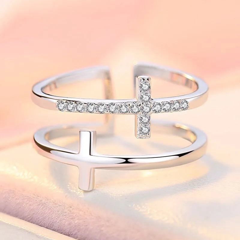 Women's adjustable double cross geometric ring with zircon inlay and white gold finish
