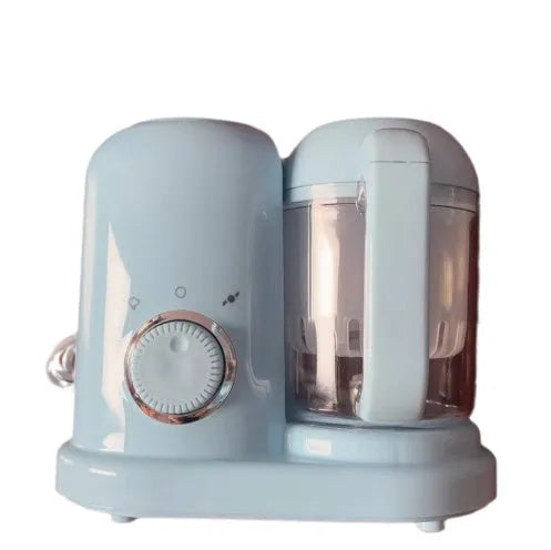 Green baby food processor with steamer and blender functions, double mixing blades