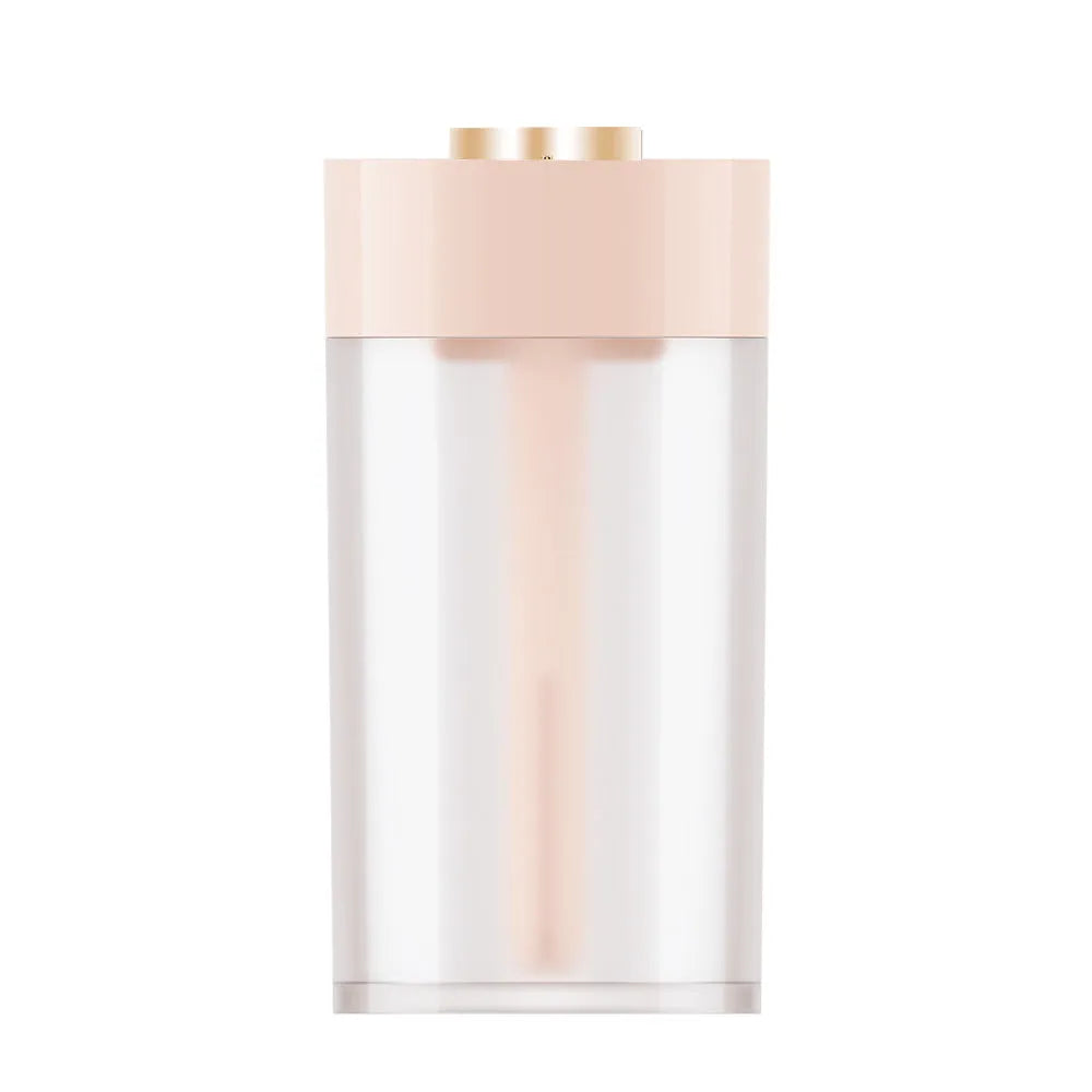 Columnar car USB humidifier in ice white with timer, placed in car cup holder