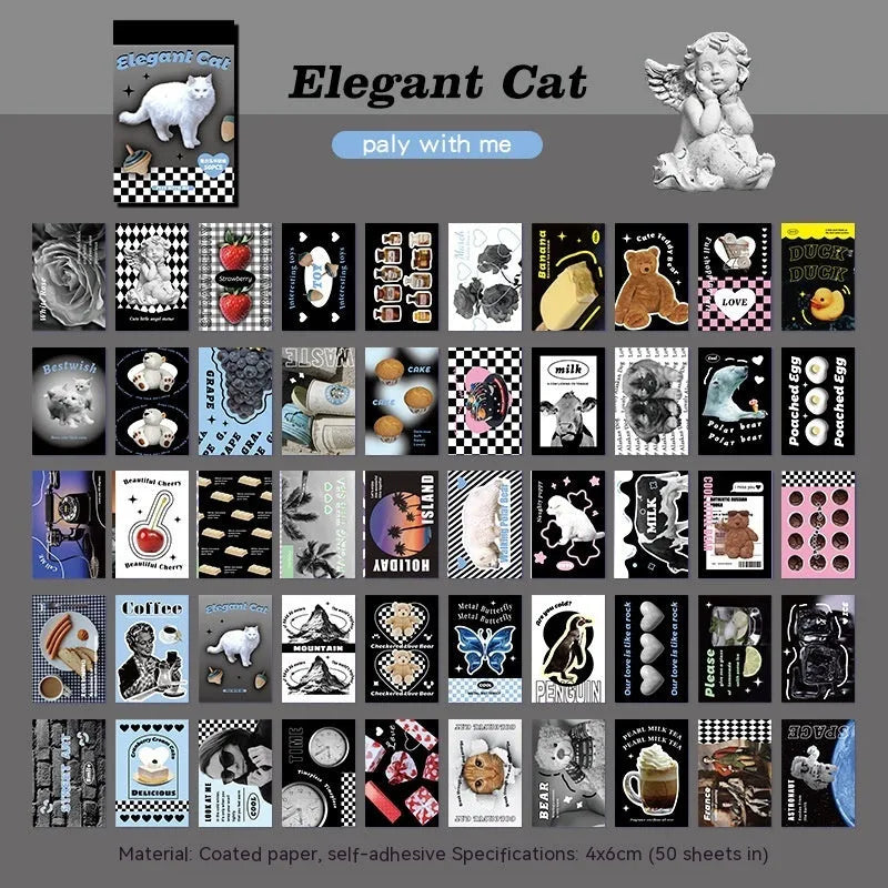 American retro cartoon sticker book open showing 4x6cm sheets in black, pink, blue, green, purple, and yellow colours.