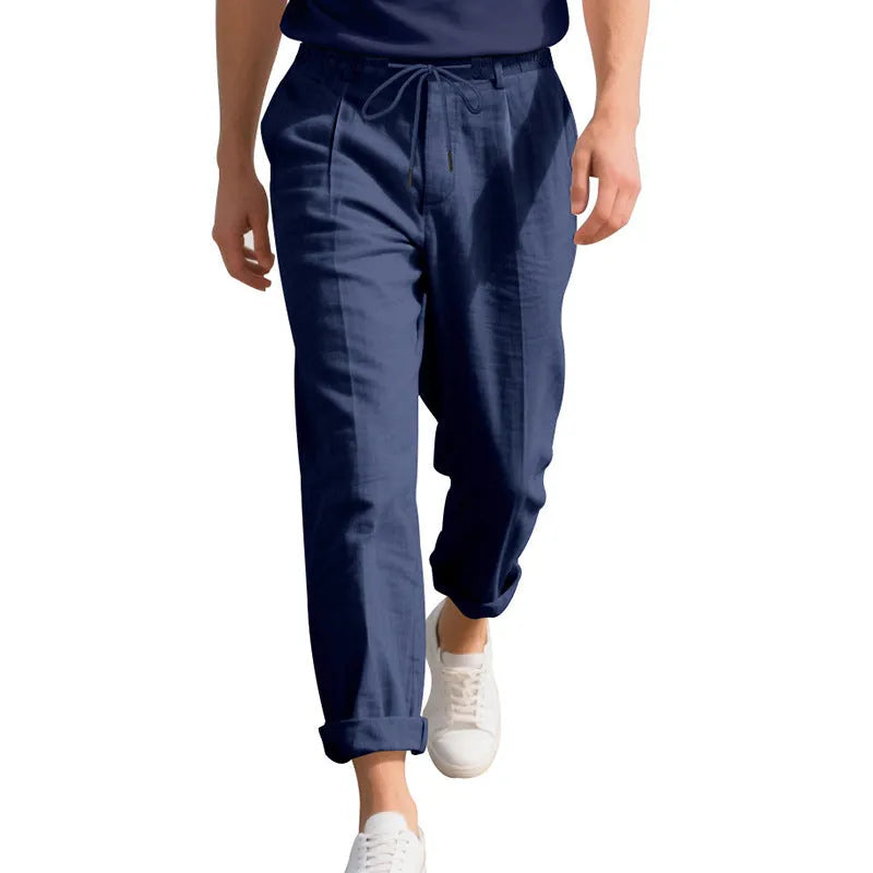 Men's linen casual trousers in straight-leg design with drawstring waist in light khaki colour