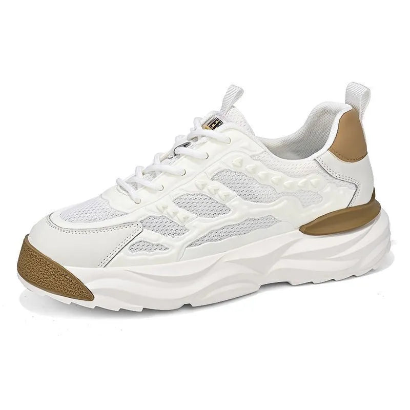 Men's white and black breathable mesh shoes with PU mesh upper and round toe design