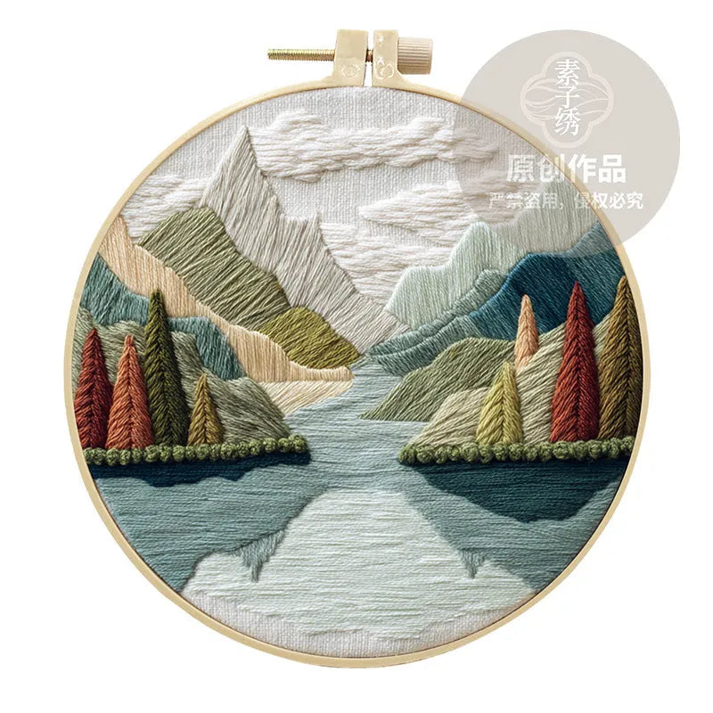 Landscape embroidery DIY kit with cotton fabric, threads, needles and bamboo frame