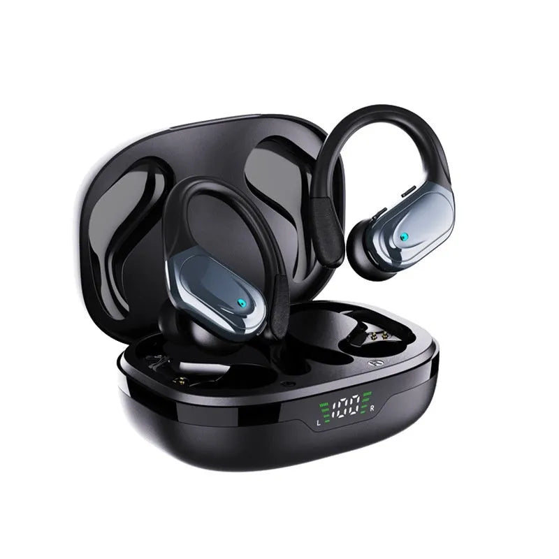 Wireless ear hook headphones with digital display charging case in black colour, noise reduction sports earbuds