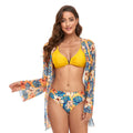 Women's three-piece triangle bikini set with V buckle and solid colour print in orange, polyester fabric