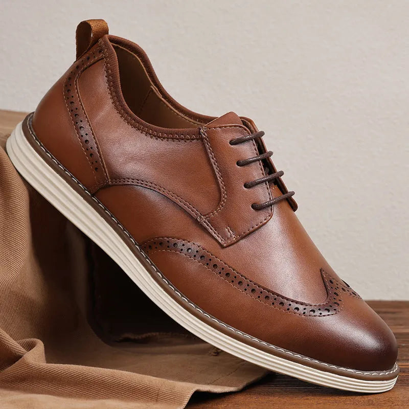 Men's black and brown slip-on business formal shoes with round toe and carved PU upper