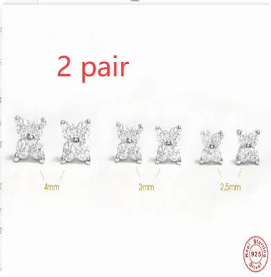 S925 sterling silver petal crystal flowers stud earrings in gold and platinum plating, showing 2.5mm, 3mm, and 4mm sizes