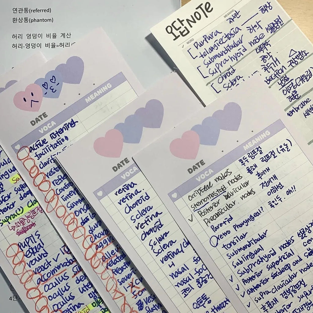 Vertical double-sided B5 half-size notepad for English vocabulary learning in blue, pink, or purple