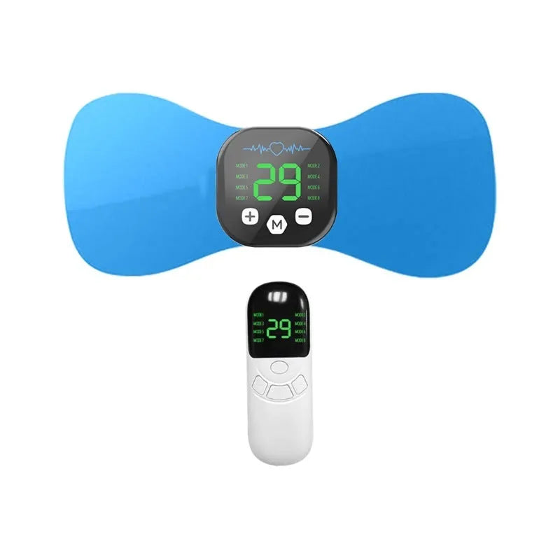 Blue cervical pulse massage pad with remote control and USB cable for EMS electrotherapy neck relief