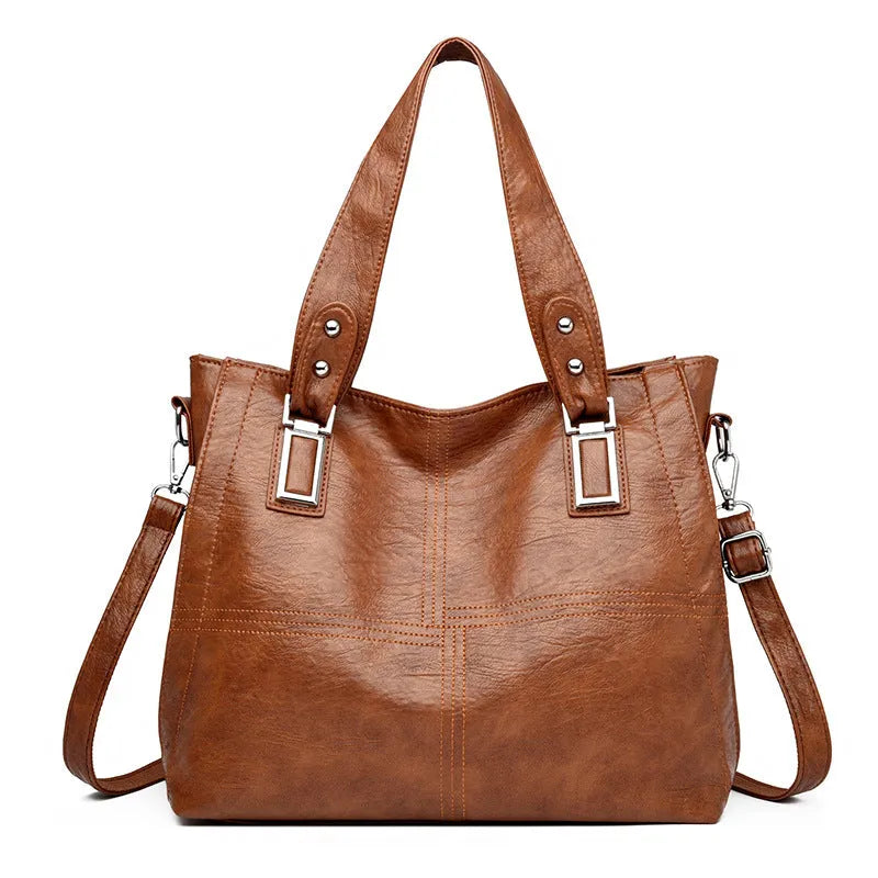 Soft PU women's handbag horizontal square shape with sewing thread detail in five colours black dark gray khaki lake blue yellowish brown
