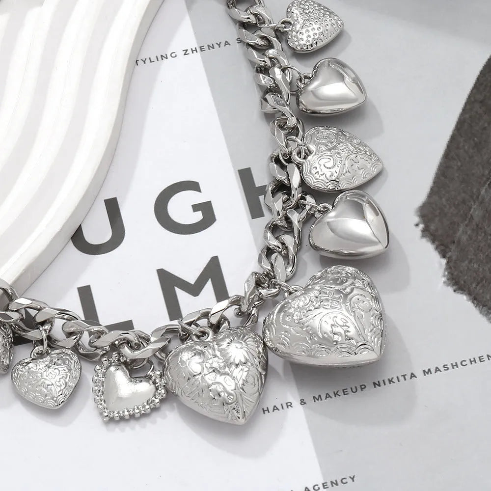 Carved heart pendant necklace in gold or white K with textured surface and exaggerated size