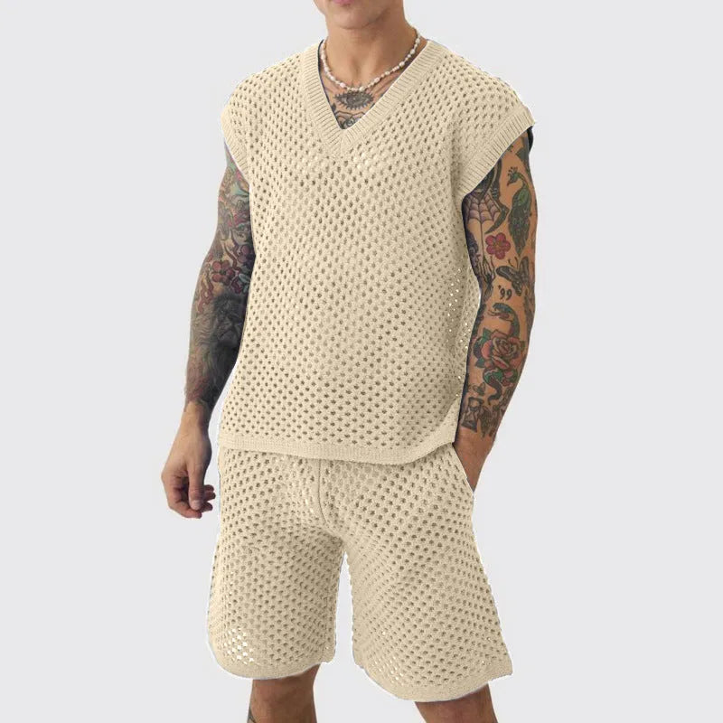 Men's blue V-neck sleeveless vest and matching shorts summer sports suit