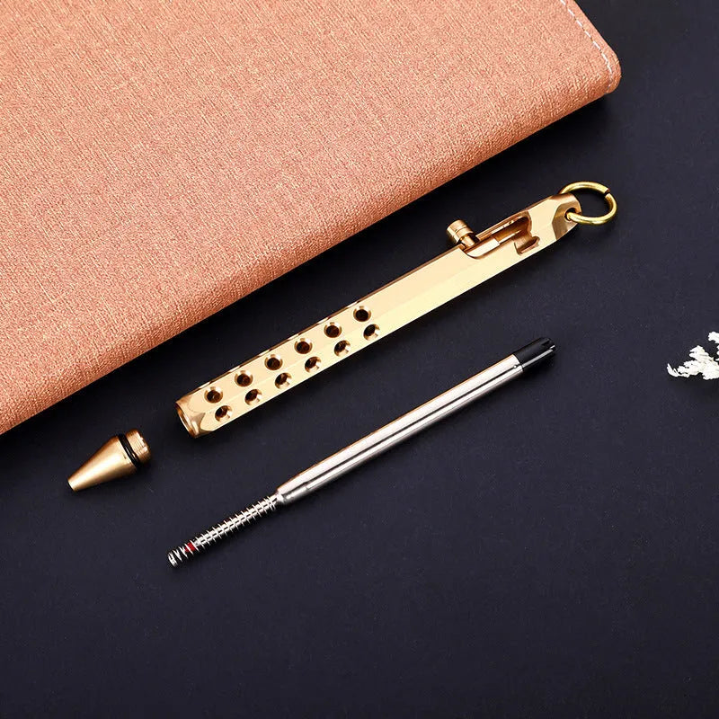 Brass hexagonal retro bolt pen with a 0.5mm tip shown next to a refill.