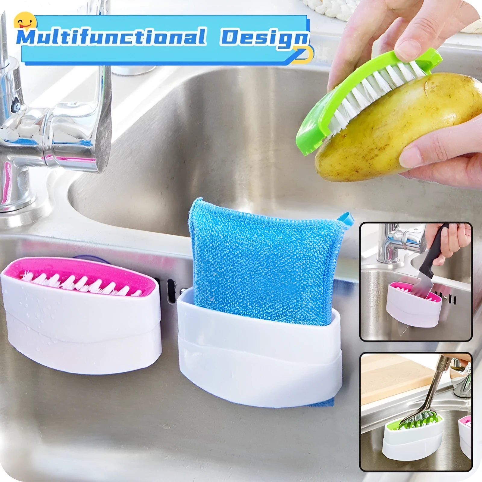 Creative kitchen cleaning brush with suction cup for knives forks chopsticks fruit vegetables in blue