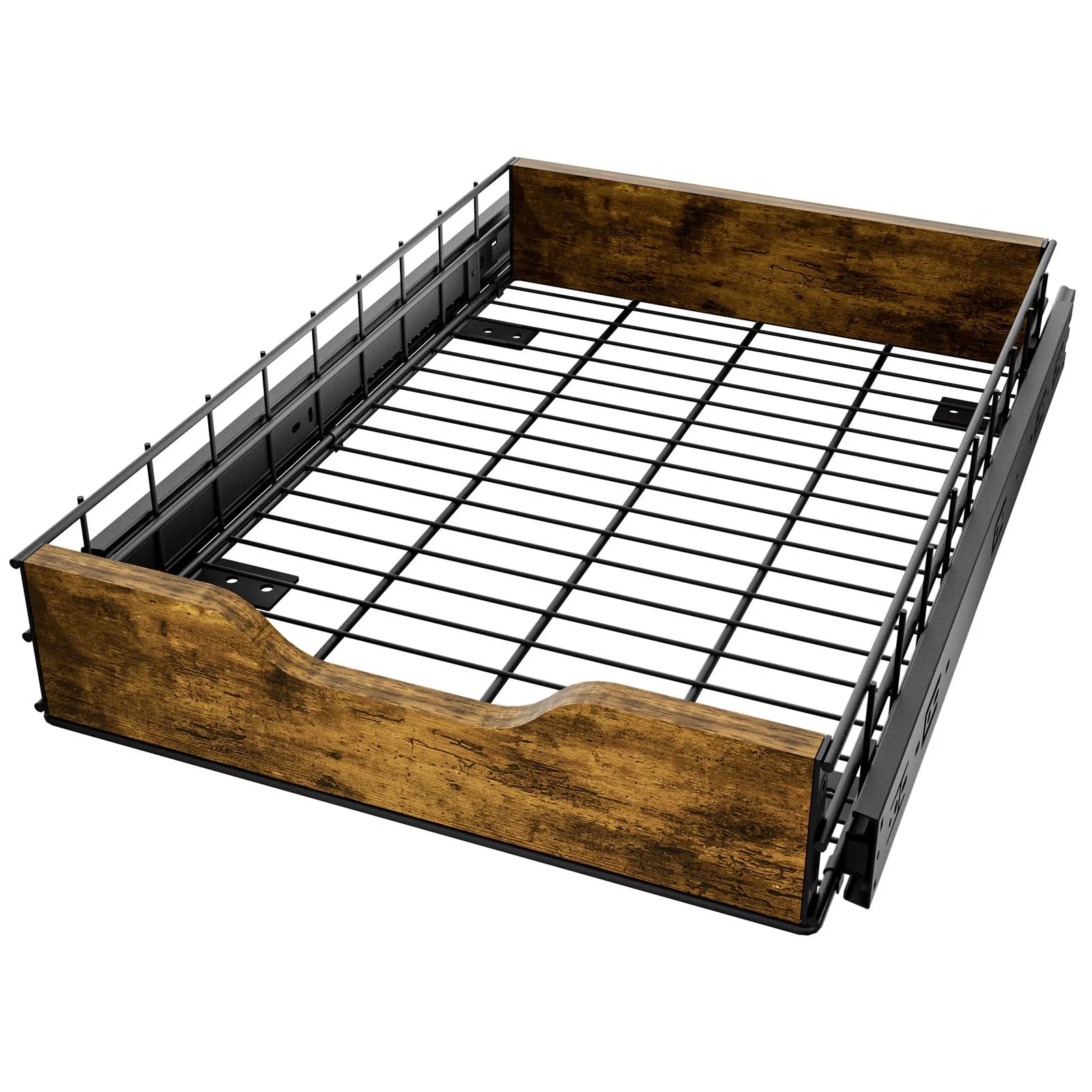 Black wooden storage rack with a metal pull-out basket drawer for kitchen or pantry organisation.