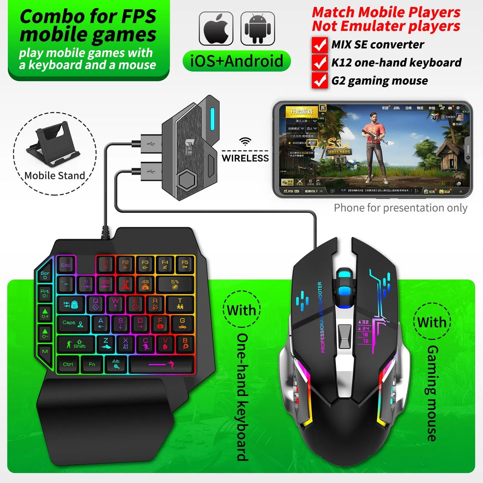 Keyboard mouse converter for mobile gaming with USB interface in official configuration suit colour