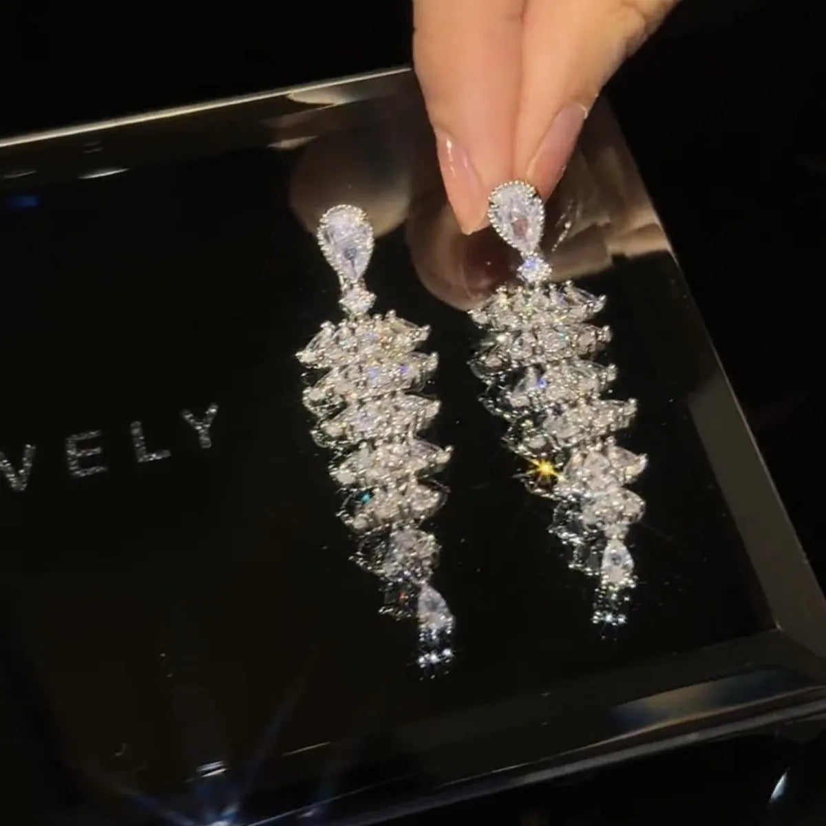 Silver pagoda colour Christmas tree drop earrings with sparkling zircon crystals and stud backs