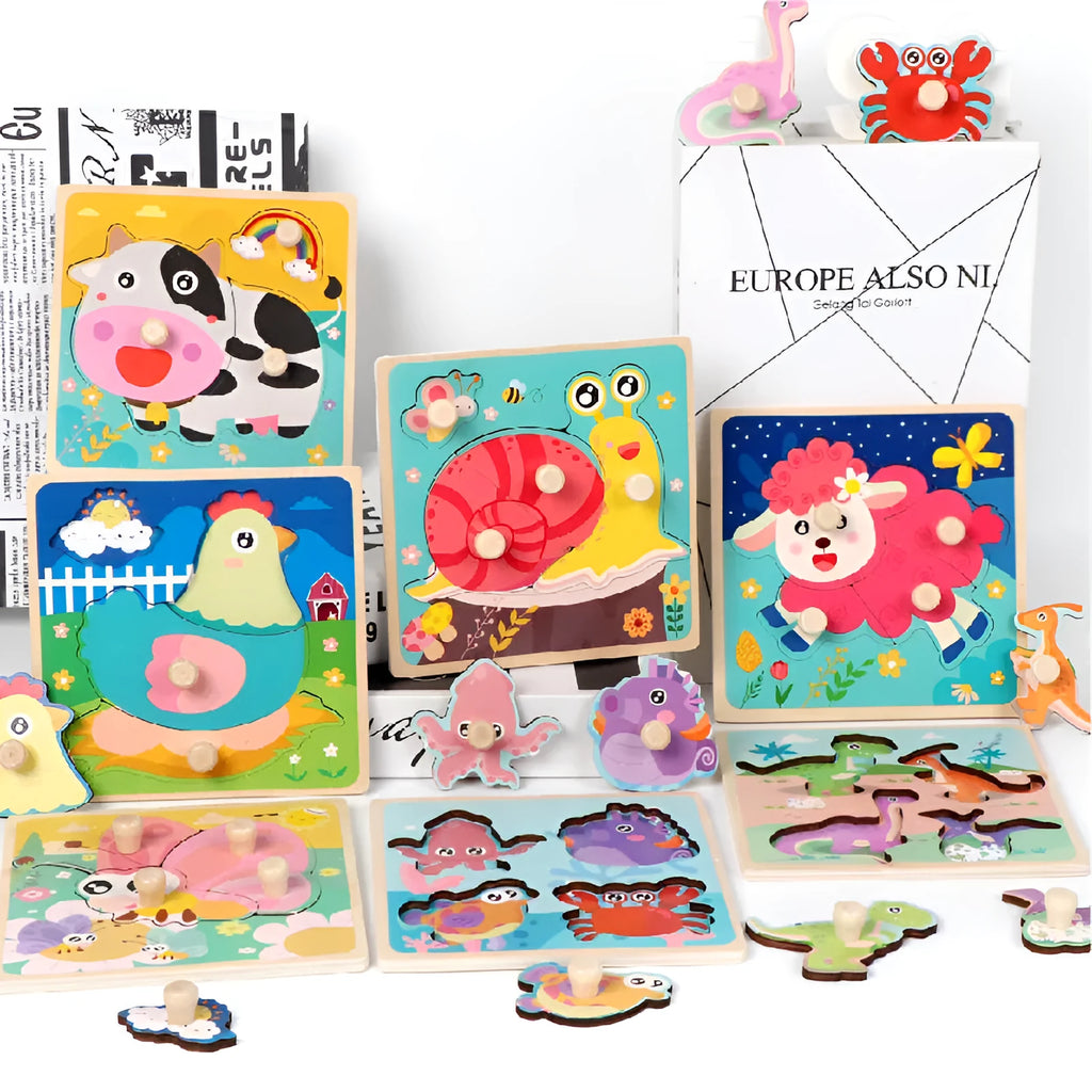 Wooden children's dowel pin hand holding puzzle board with colourful animal themes for ages 4-6