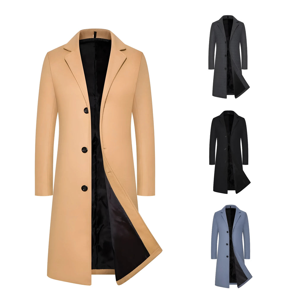 Men's wool mid-length thickened trench coat in solid colours, slim fit, 65cm length, available in sizes M to 5XL
