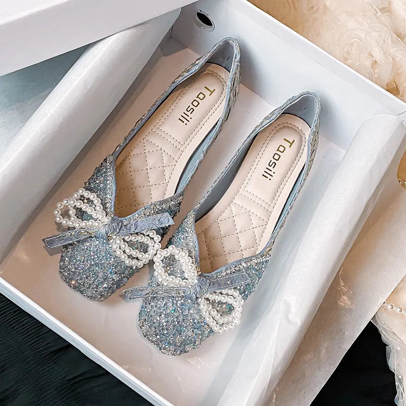 Women's square toe flat shoes with rhinestone and pearl embellishments in solid colour, low top design