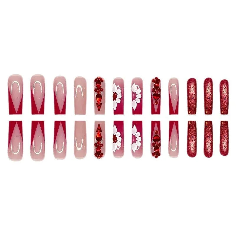 Flower pattern fake nails with red transparent diamond accents in European square long shape
